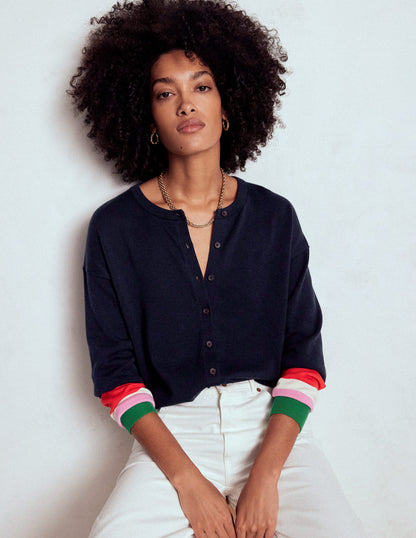 Lara Relaxed Cotton Cardigan-Navy, Cuff Stripe-4