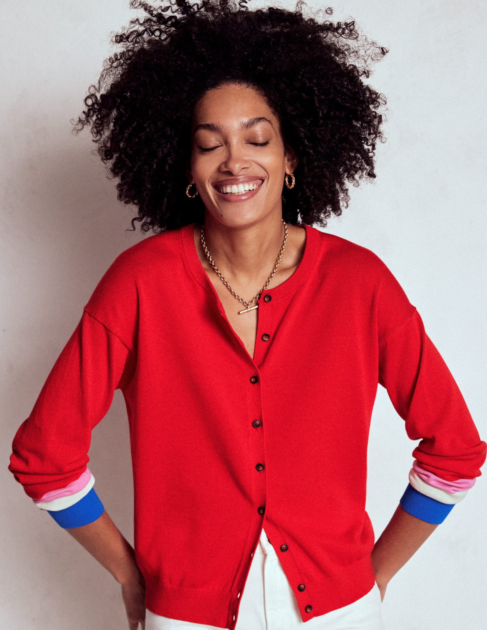 Lara Relaxed Cotton Cardigan-Poppy Red, Cuff Stripe-1