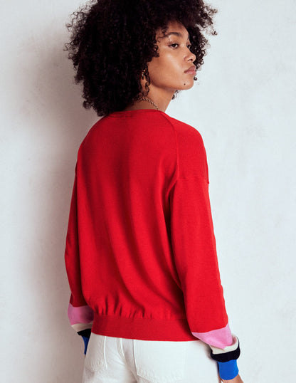 Lara Relaxed Cotton Cardigan-Poppy Red, Cuff Stripe-3