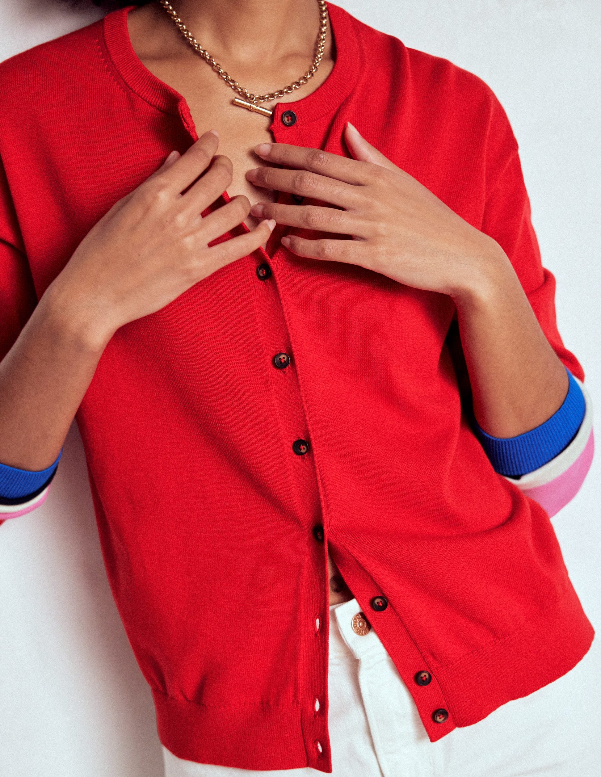 Lara Relaxed Cotton Cardigan-Poppy Red, Cuff Stripe-5