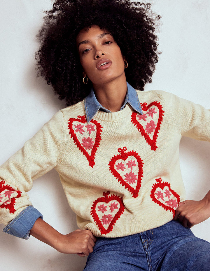 Graphic Embroidered Jumper-Warm Ivory, Hearts
