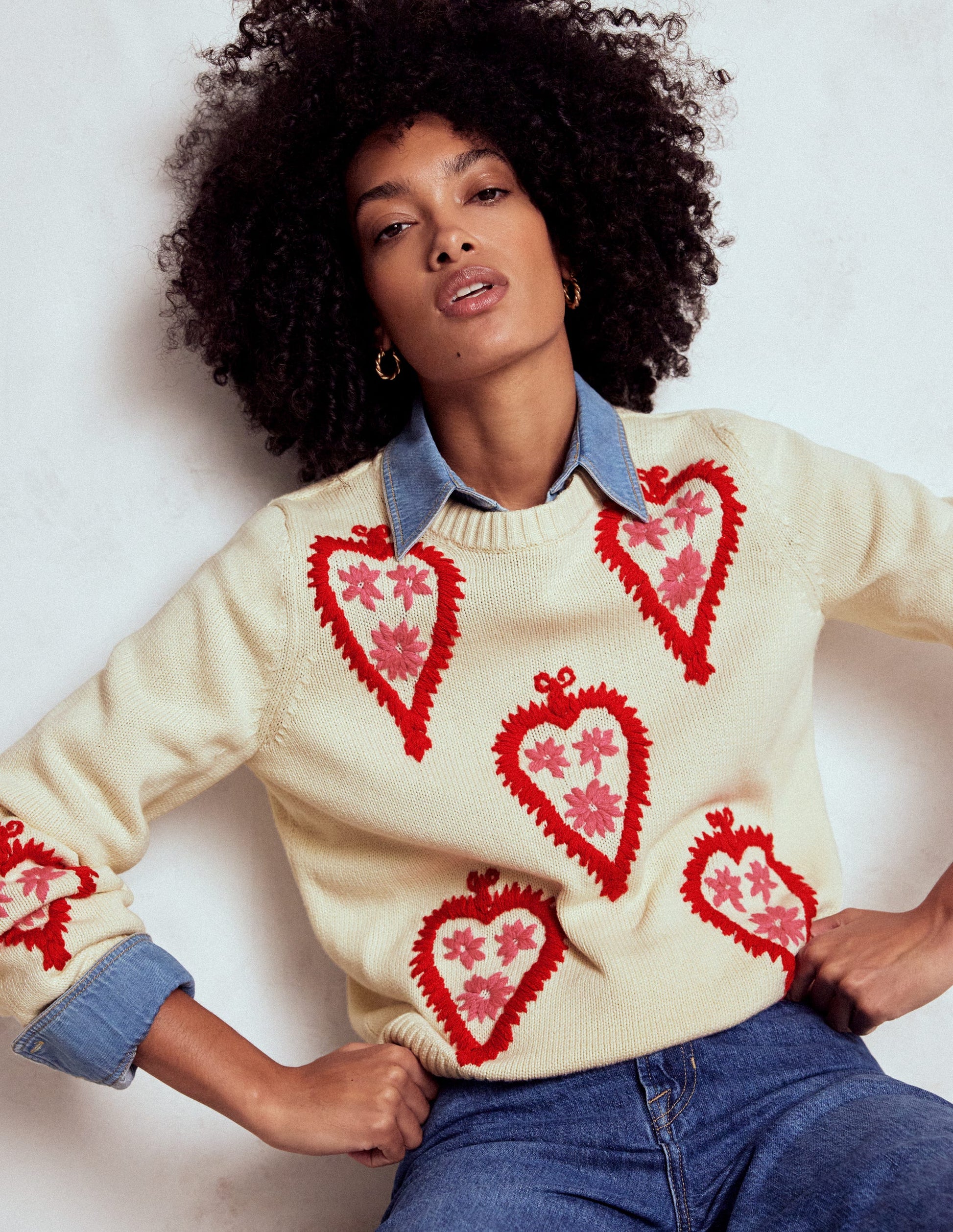 Graphic Embroidered Jumper-Warm Ivory, Hearts-1