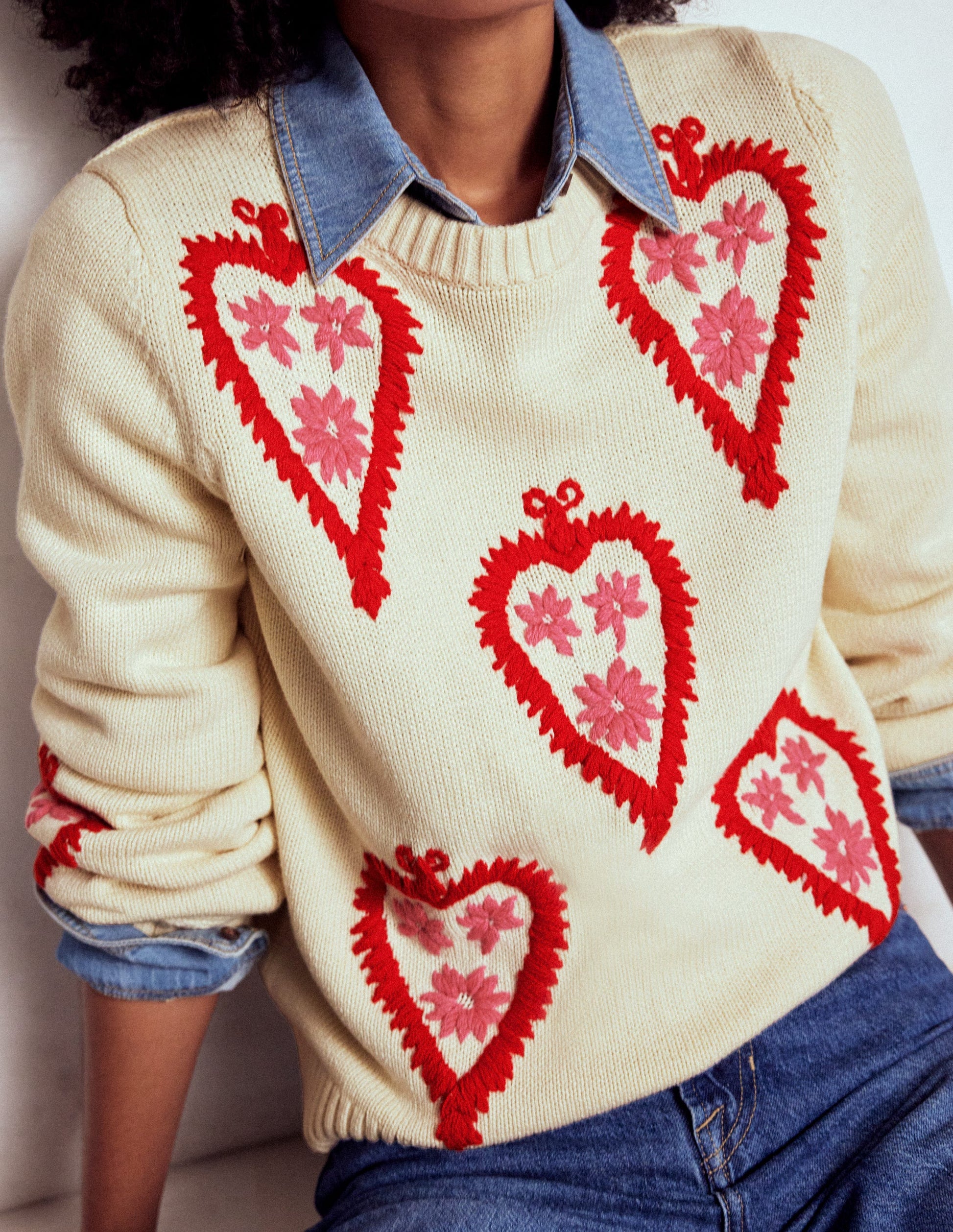 Graphic Embroidered Jumper-Warm Ivory, Hearts-2