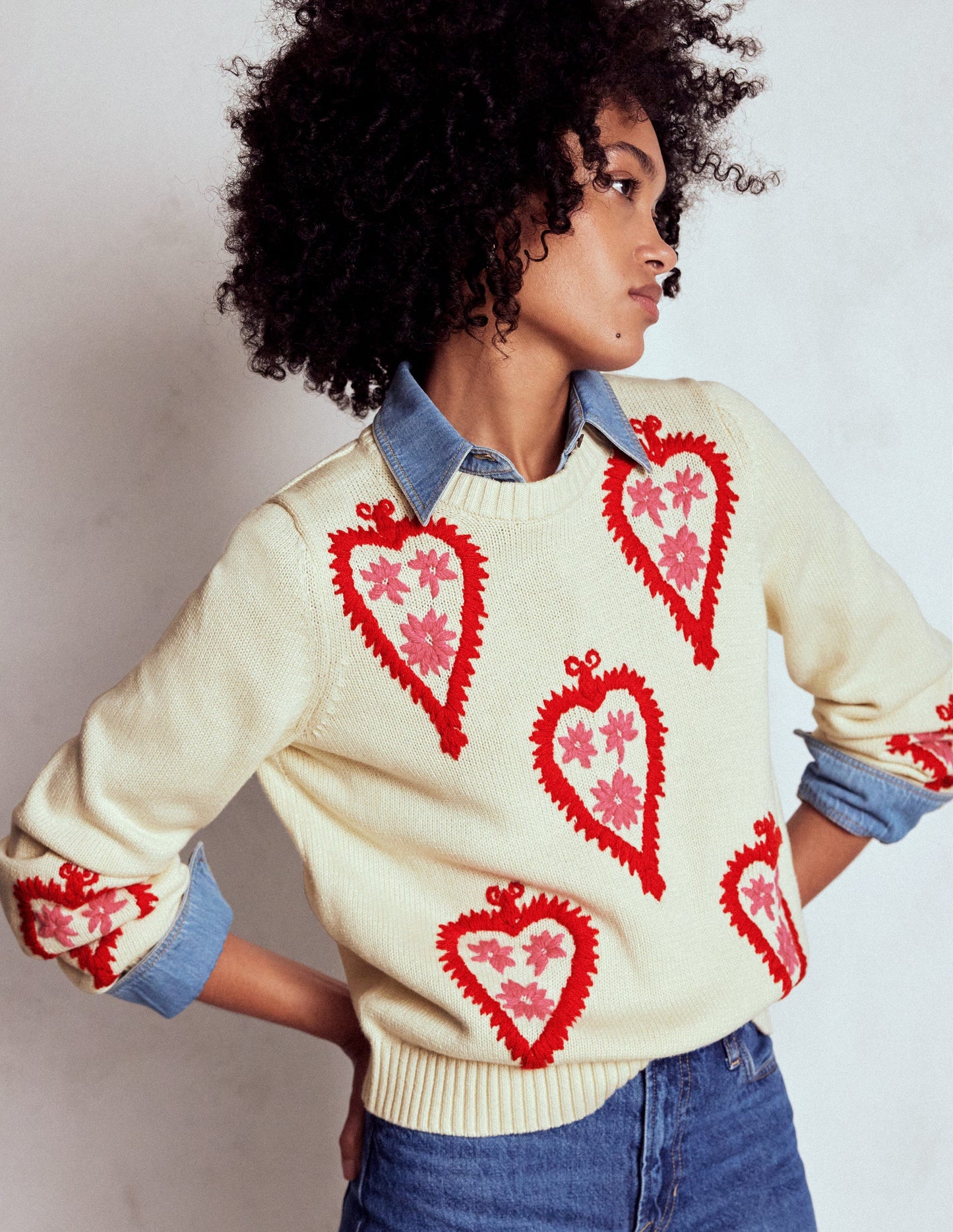 Graphic Embroidered Jumper-Warm Ivory, Hearts