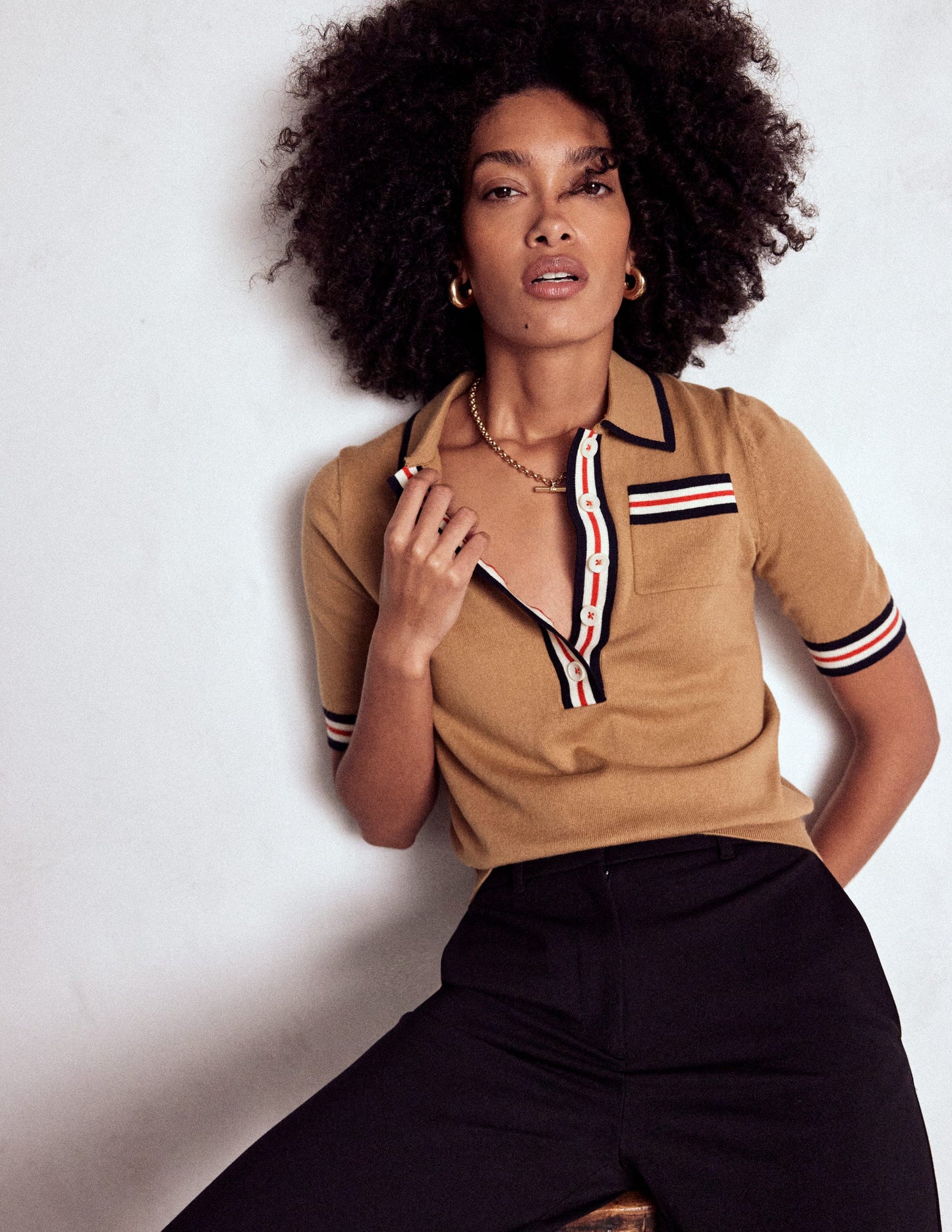 Cotton Henley T-shirt-Camel Melange