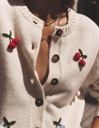 Natalie Embroidered Cardigan-Oatmeal Melange, Cherry-1