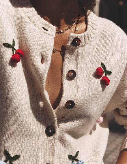 Natalie Embroidered Cardigan-Oatmeal Melange, Cherry