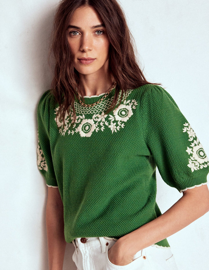 Puff Sleeve Embroidery T-shirt-Paradise Green