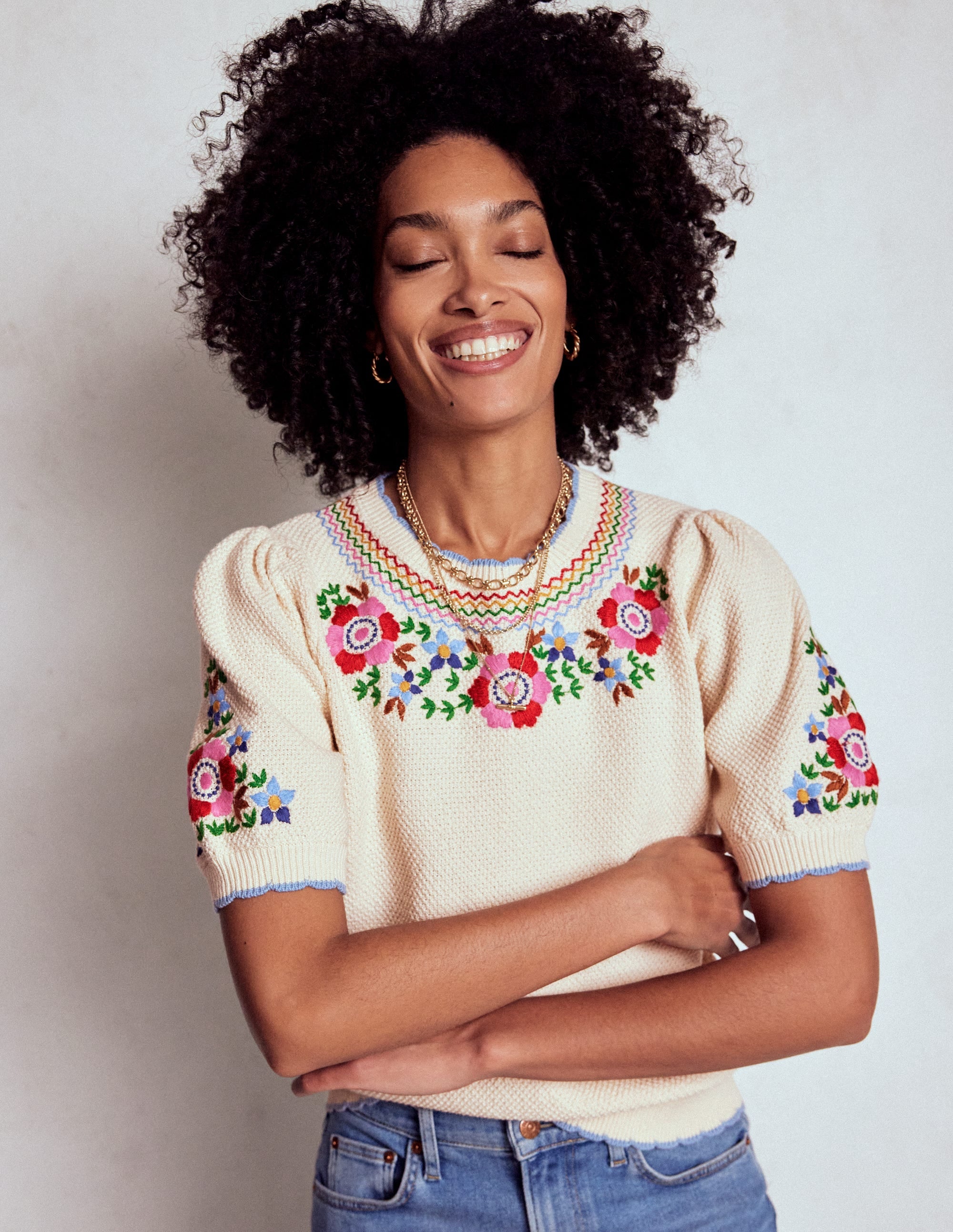 Puff Sleeve Embroidery T-shirt-Warm Ivory - Image 1