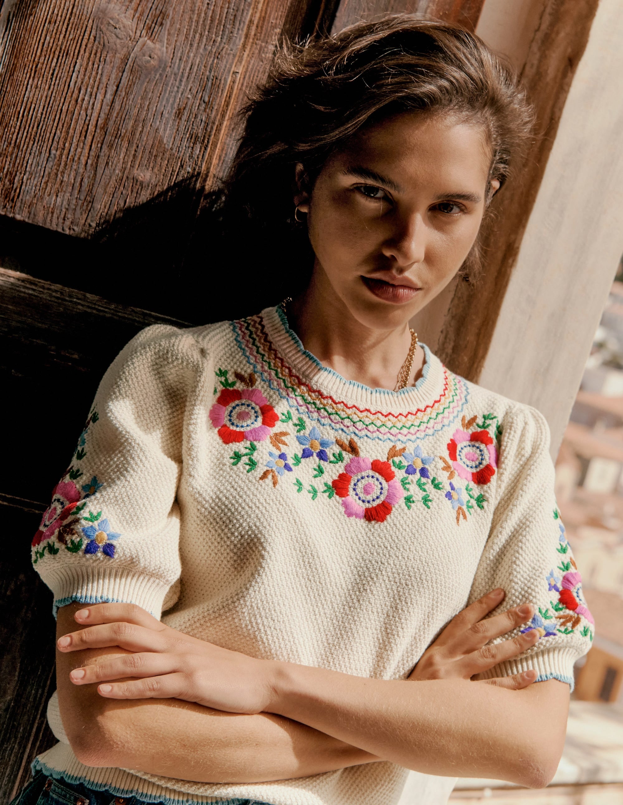 Puff Sleeve Embroidery T-shirt-Warm Ivory - Image 6