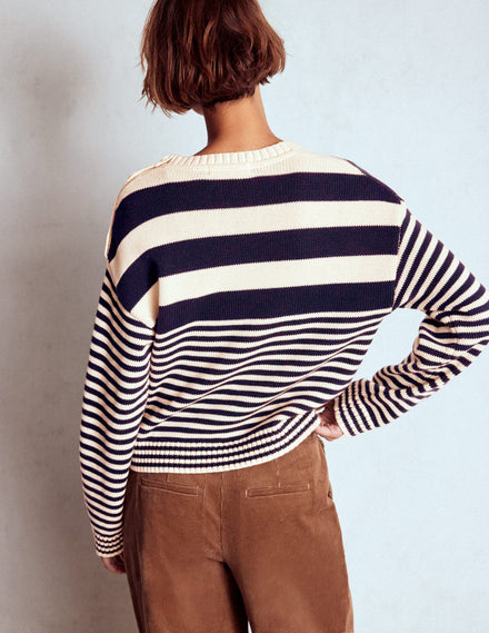 Jemma Chunky Cotton Jumper-Warm Ivory/ Navy