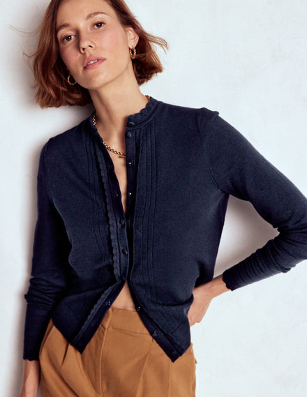 Angela Cotton Scallop Cardigan-Navy