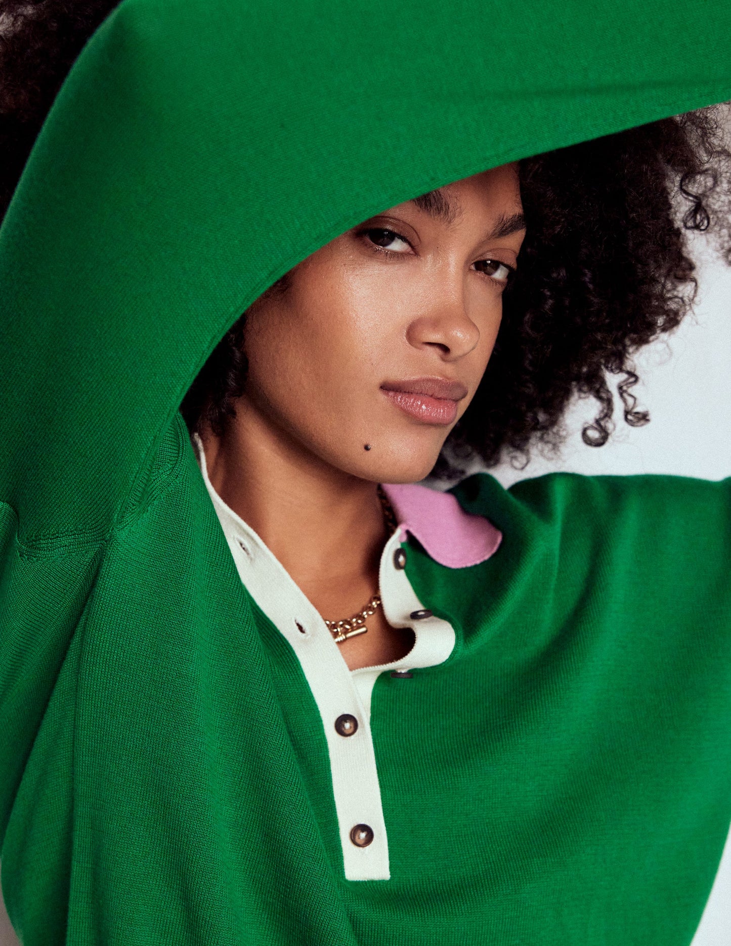 Lara Relaxed Cotton Henley Top-Rich Emerald Colour Block