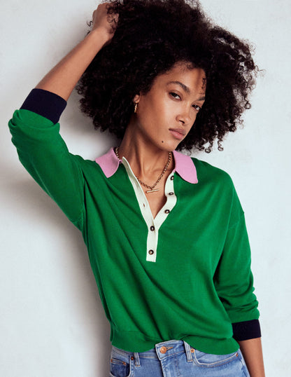 Lara Relaxed Cotton Henley Top-Rich Emerald Colour Block-4