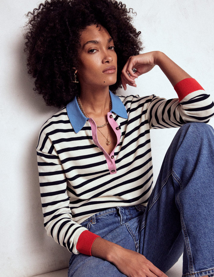 Lara Cotton Henley Jumper-Navy, Warm Ivory Stripe