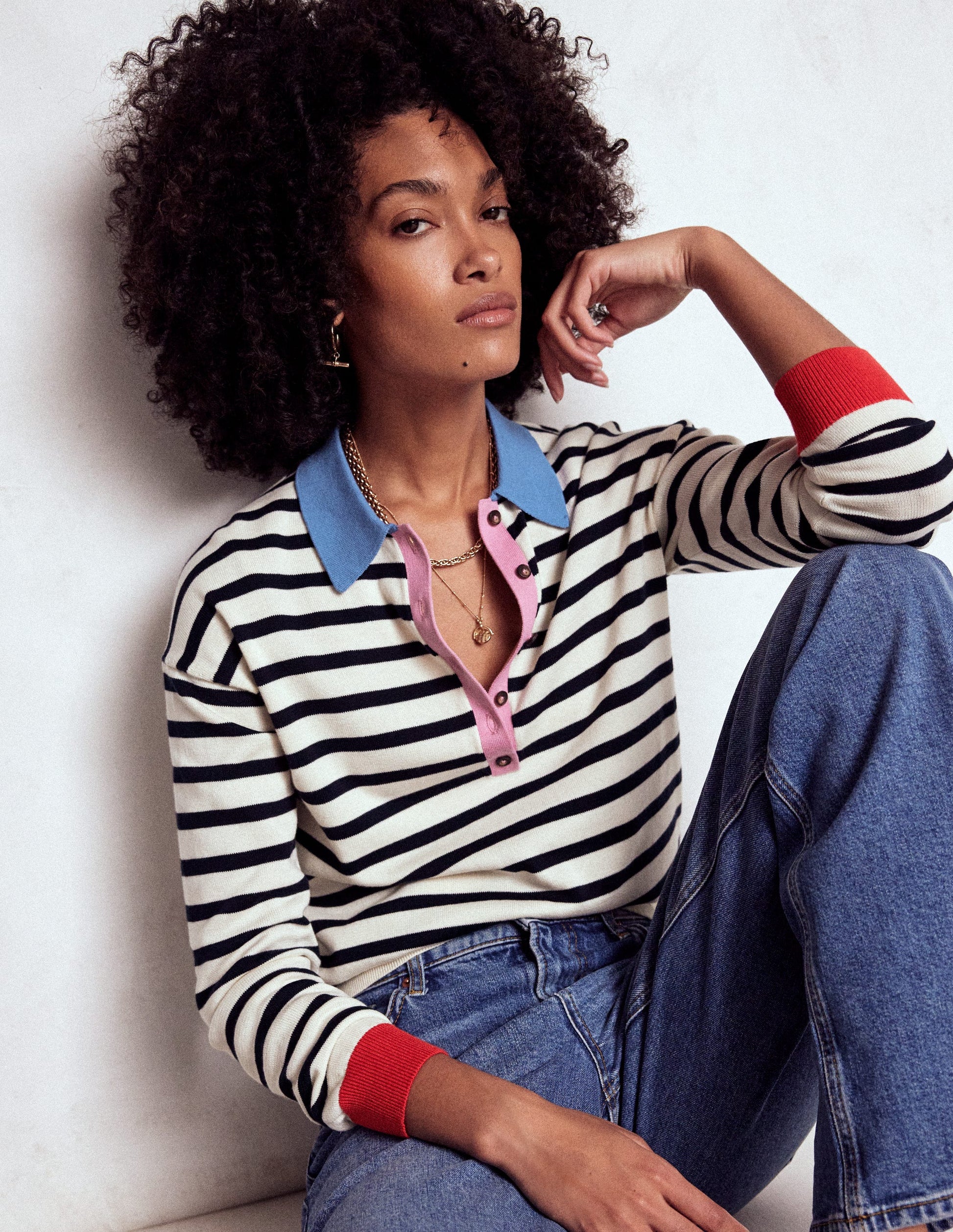 Lara Relaxed Cotton Henley Top-Navy, Warm Ivory Stripe-1