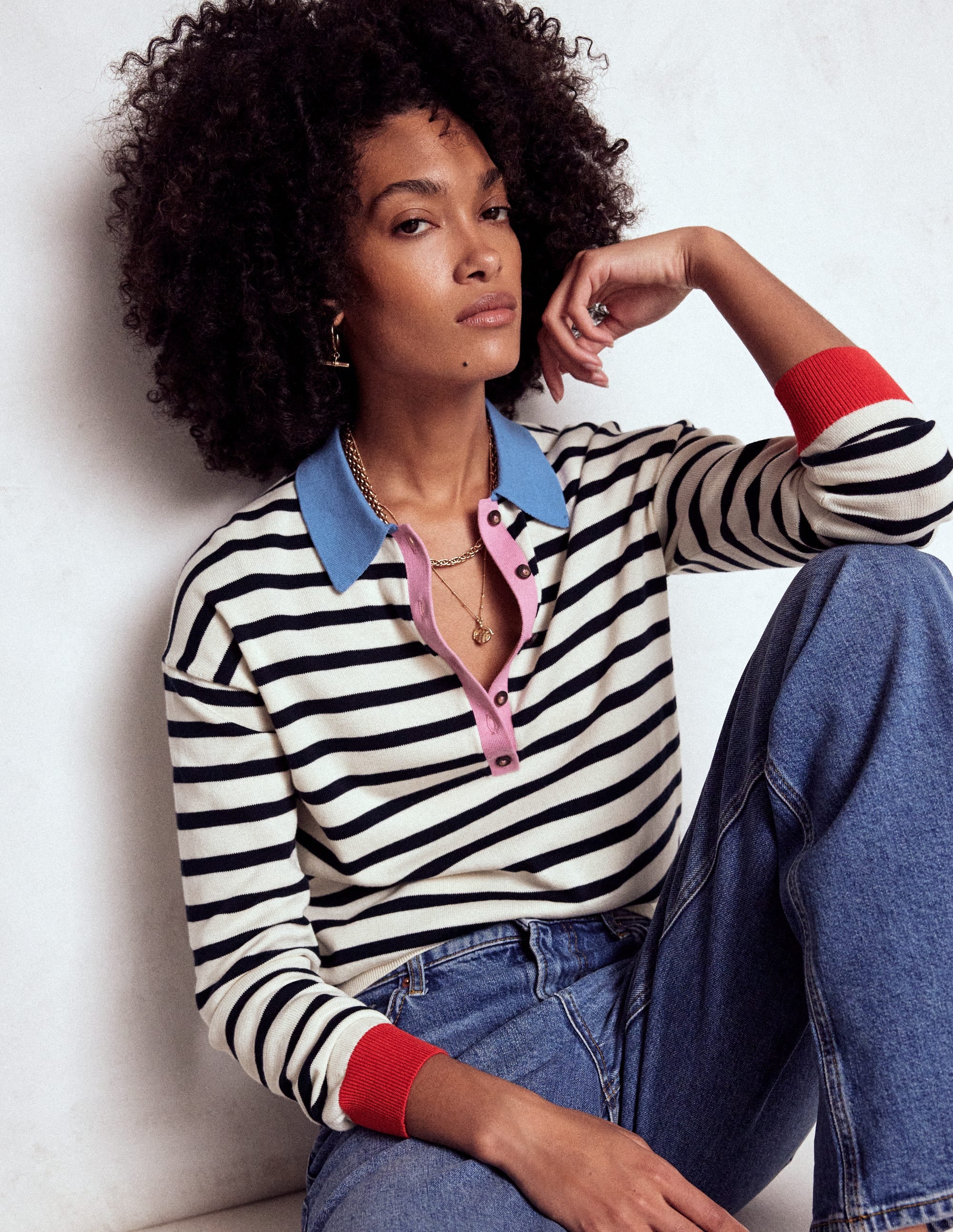 Lara Cotton Henley Jumper-Navy, Warm Ivory Stripe - Image 1