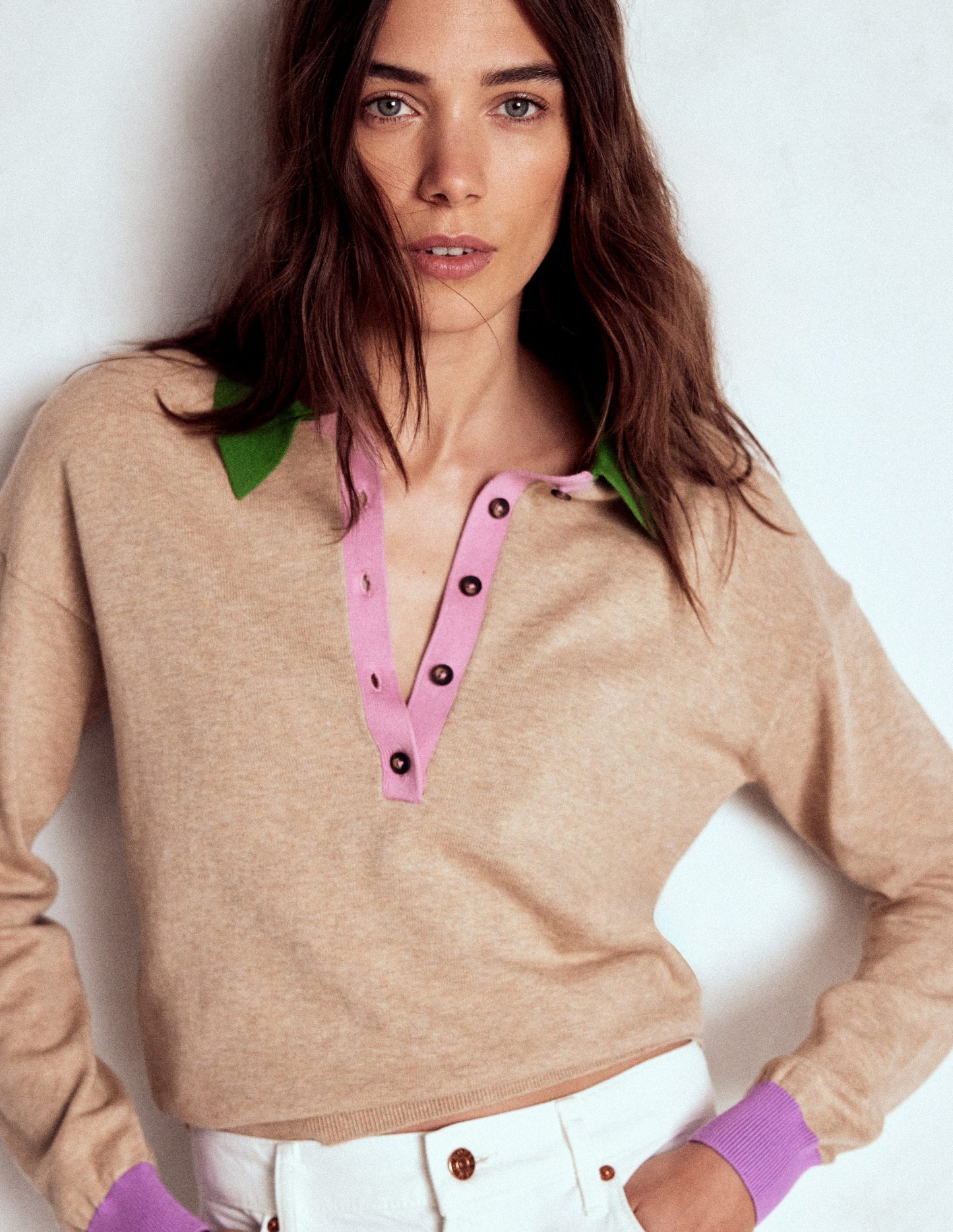 Lara Relaxed Cotton Henley Top-Chinchilla Melange