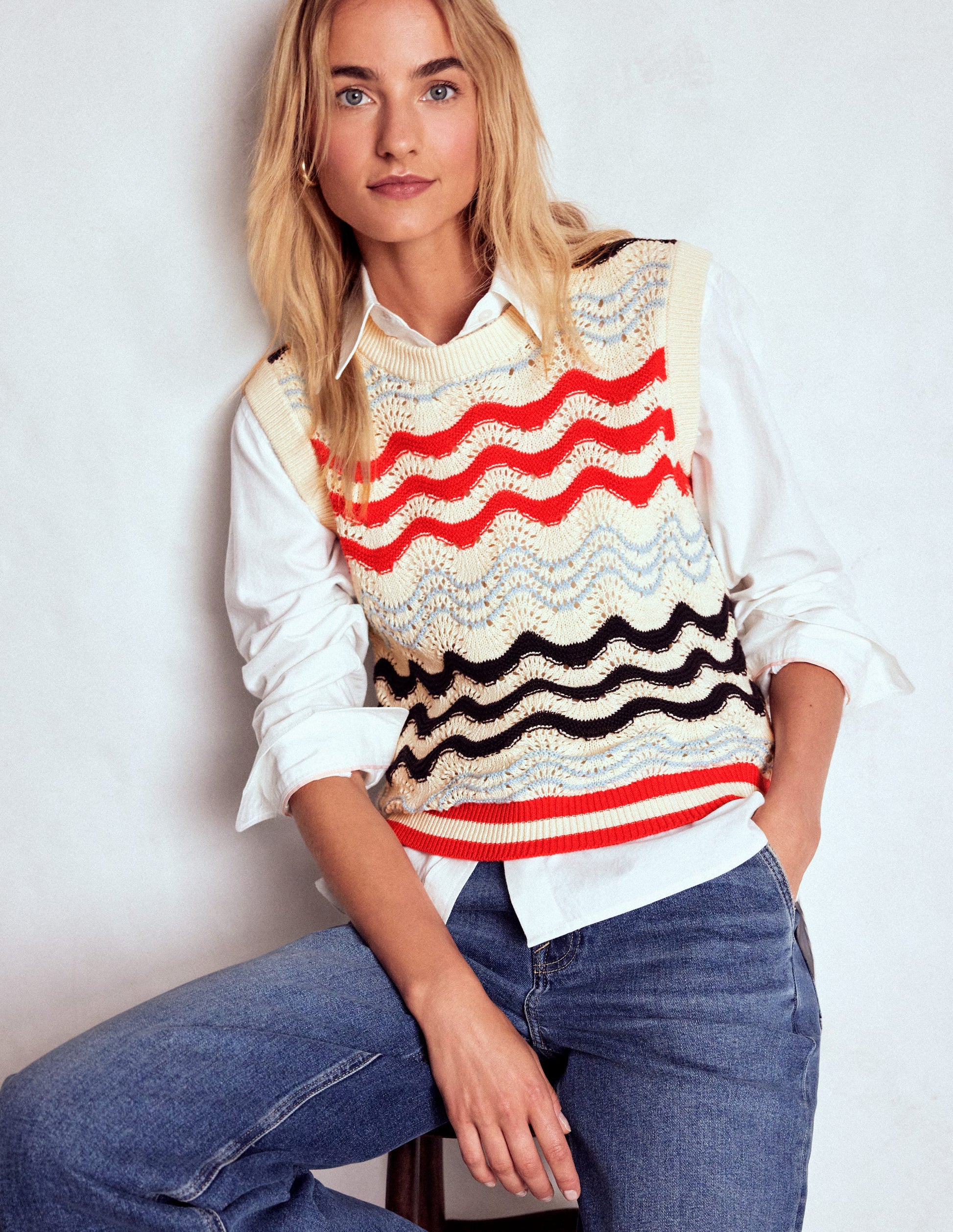 Cotton Wave Tank-Navy/ Red Textured Wave-5