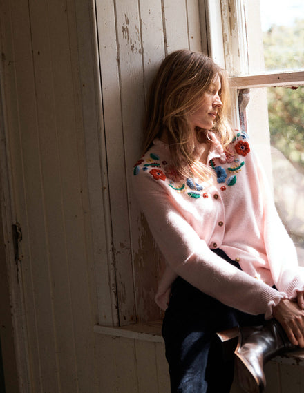 Embroidered Frill Cardigan-Blooming Pink
