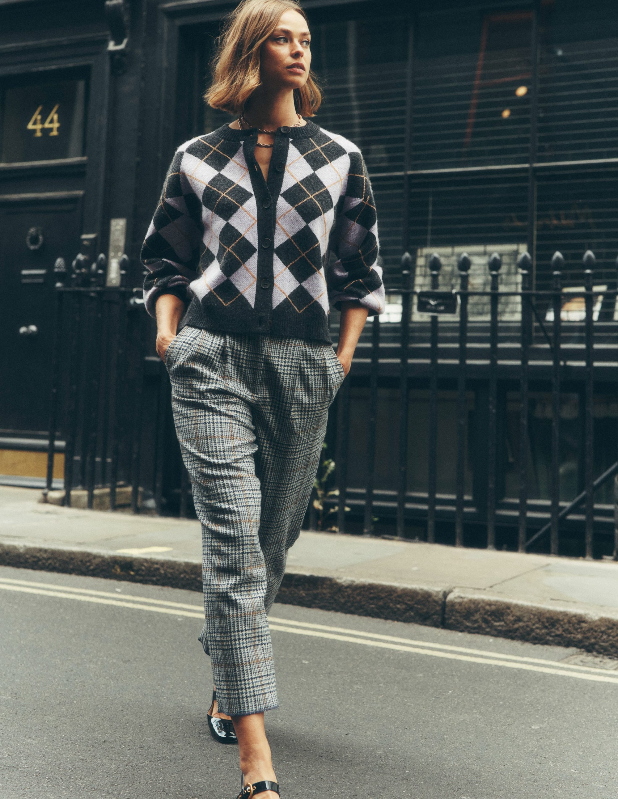 Abi Jacquard Cardigan-Lilac, Charcoal Melange Argyle - Image 6