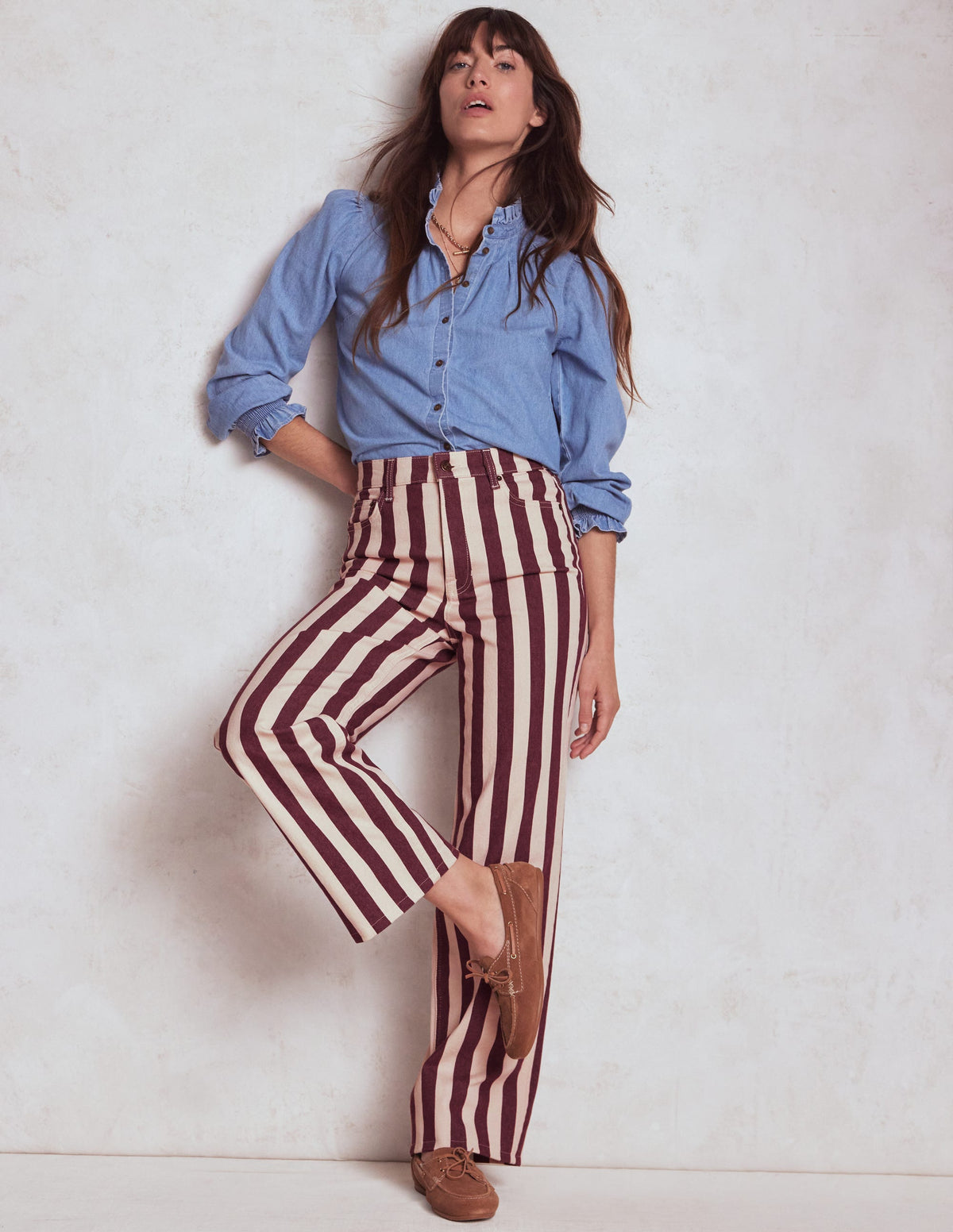 High Rise Column Leg Jeans-Maroon and Ivory Stripe - Image 1