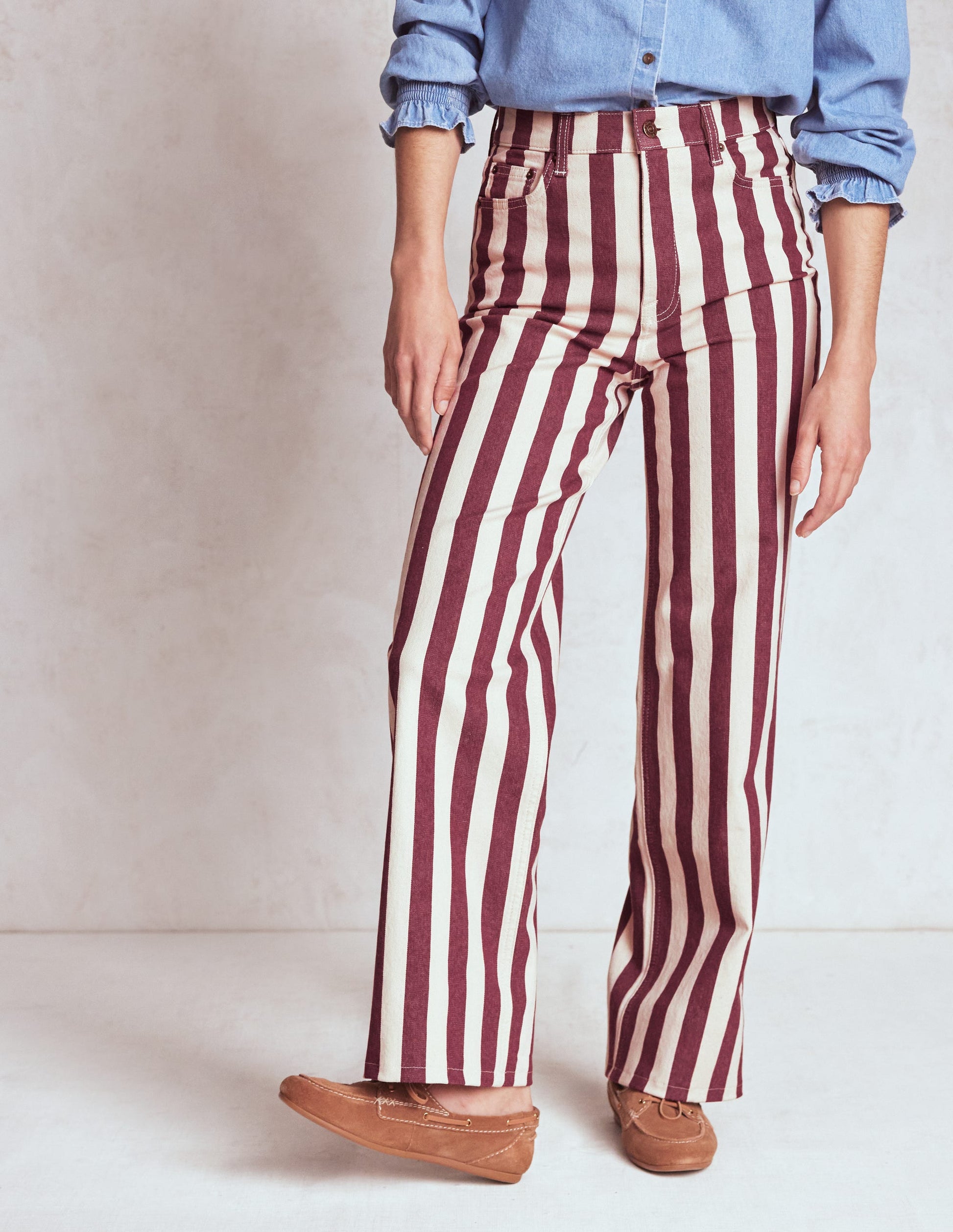 High Rise Column Leg Jeans-Maroon and Ivory Stripe-4