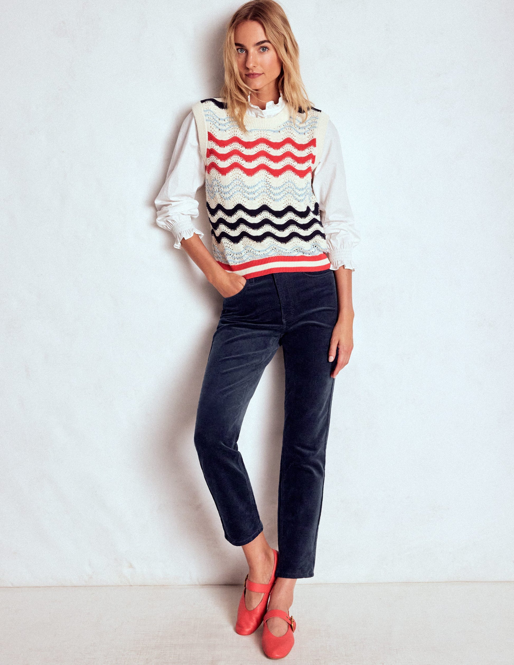 High-Waisted Cord Slim Jeans-Navy-1