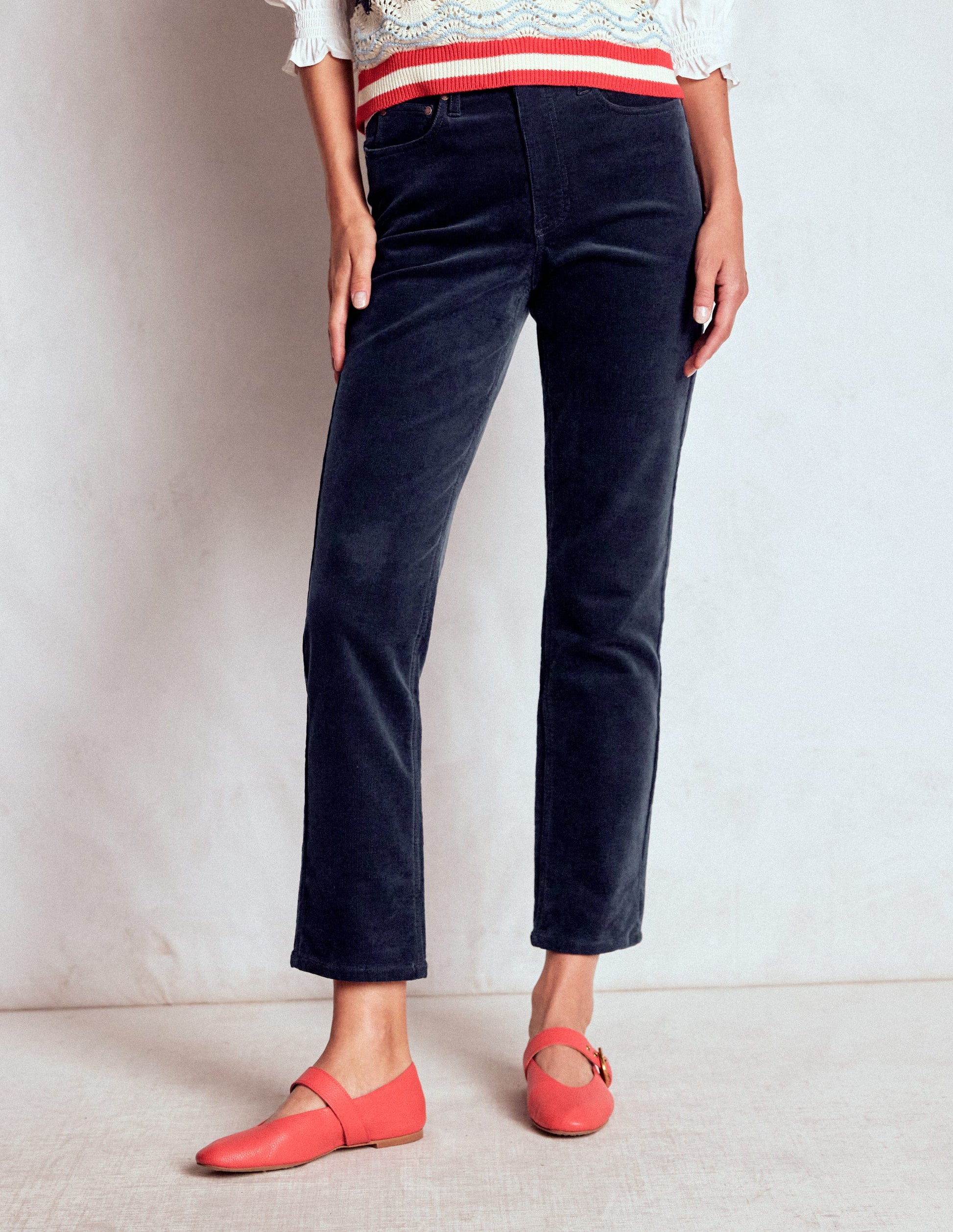 High-Waisted Cord Slim Jeans-Navy-5