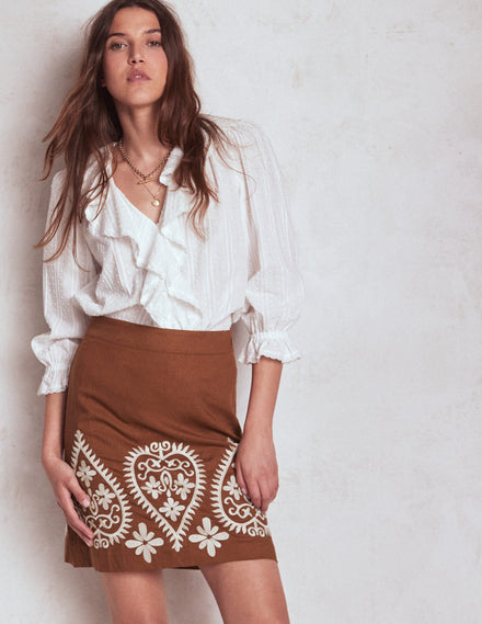 Embroidered Linen Skirt-Russet Embroidery