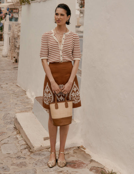 Embroidered Linen Skirt-Russet Embroidery