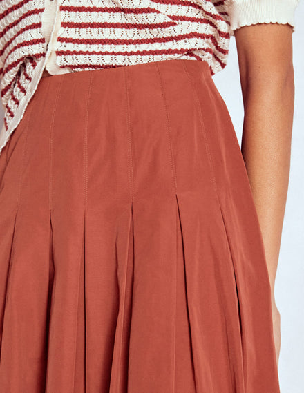 Valentina Taffeta Midi Skirt-Roasted Chestnut Brown