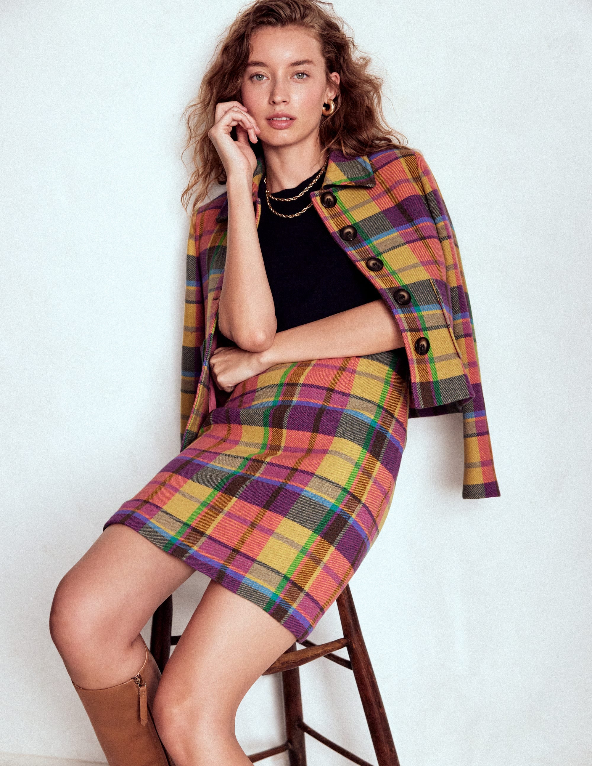 Wool Blend A-Line Skirt-Yellow, Pink and Green Check - Image 6