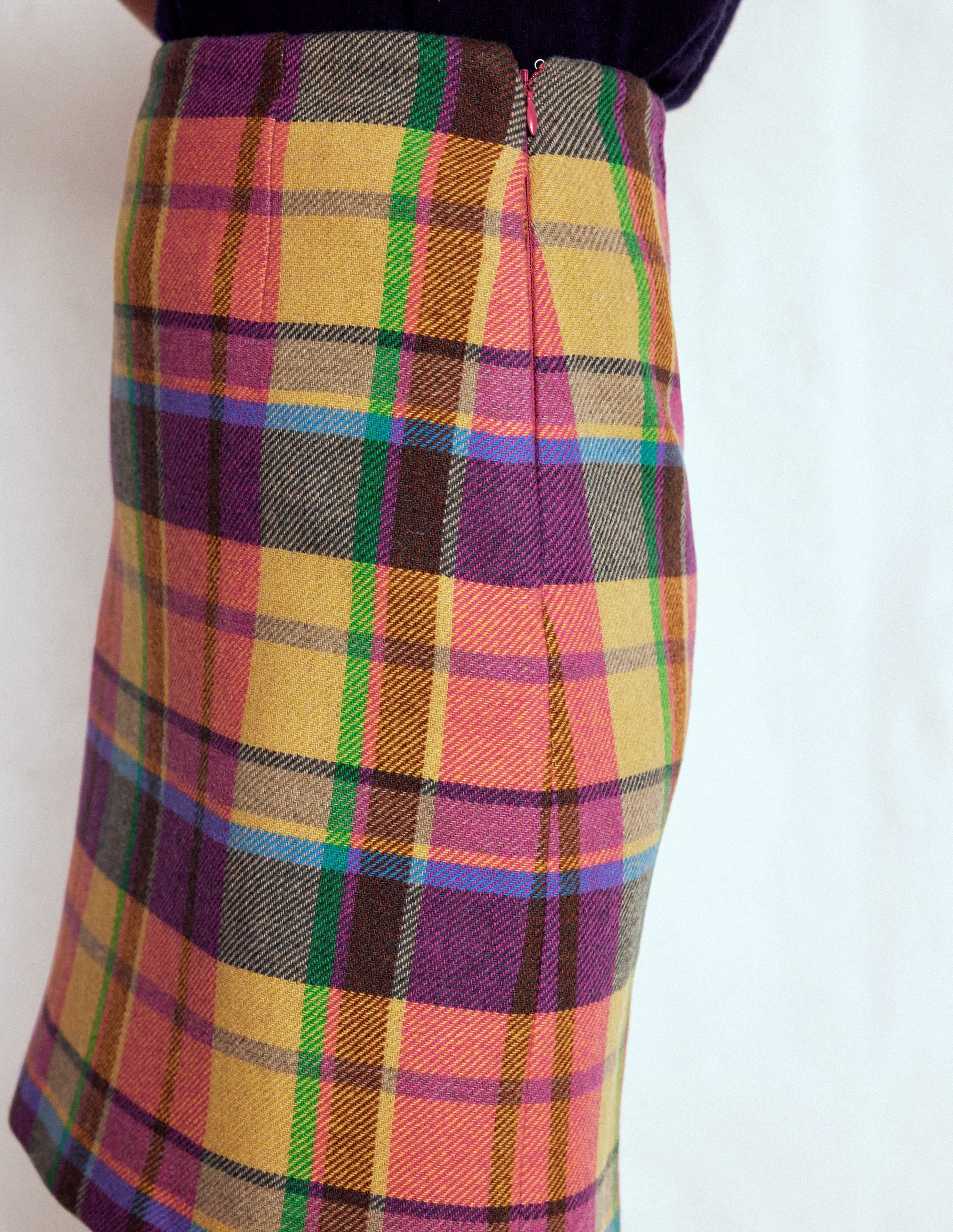Wool Blend A-Line Skirt-Yellow, Pink and Green Check - Image 1