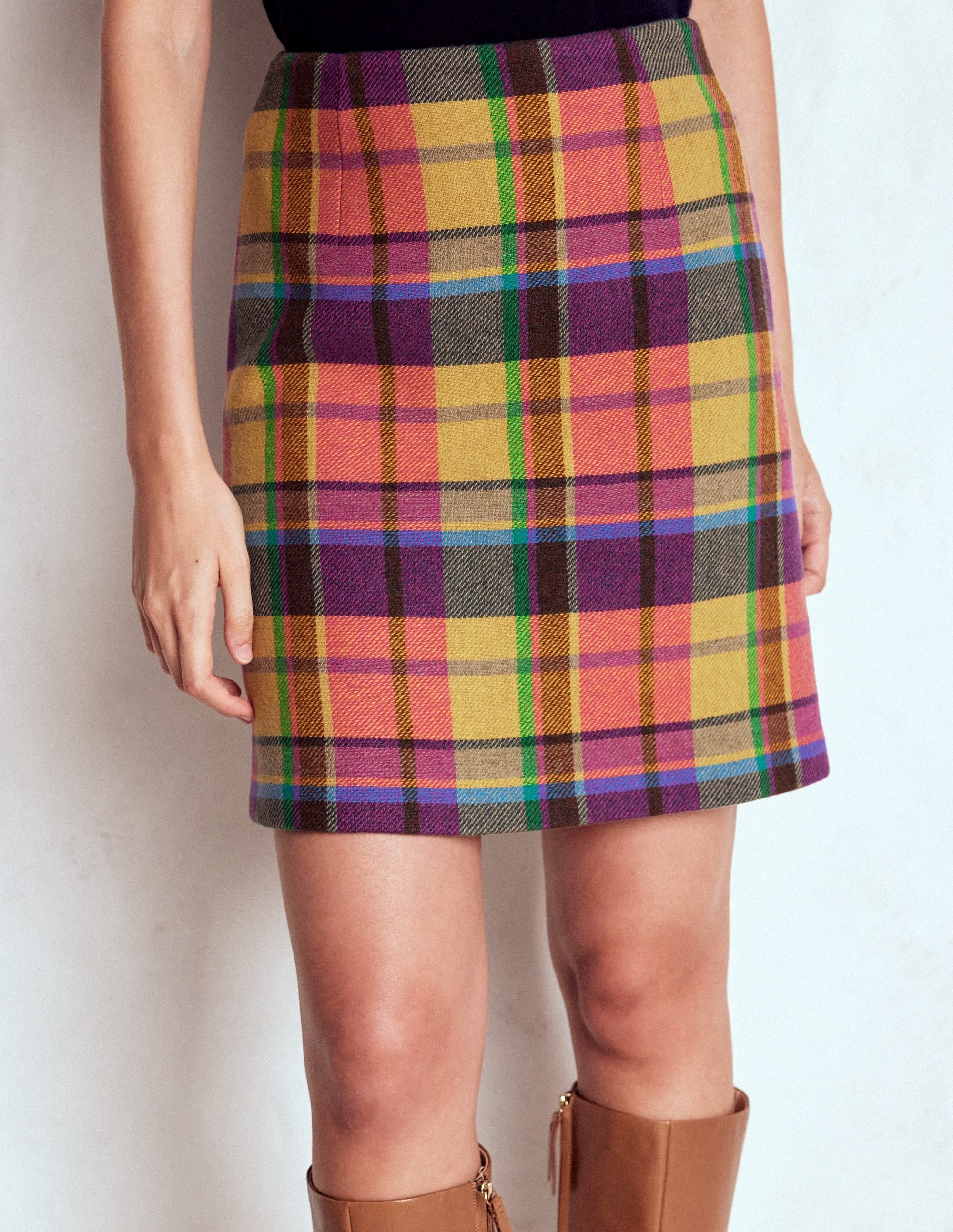 Wool Blend A-Line Skirt-Yellow, Pink and Green Check - Image 3
