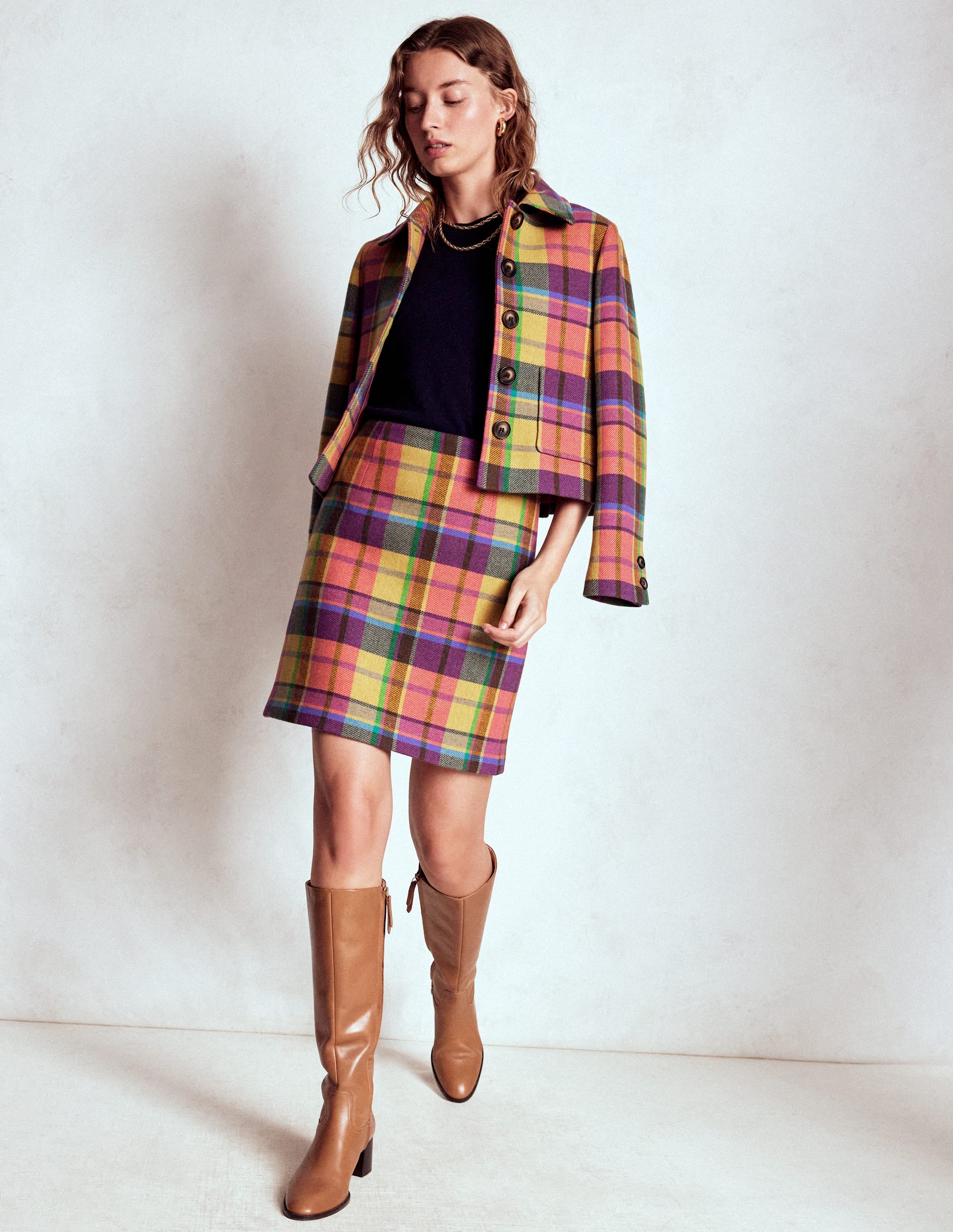 Wool Blend A-Line Skirt-Yellow, Pink and Green Check - Image 4