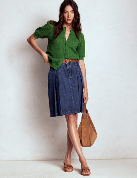 Pleated Denim Skirt-Mid Wash