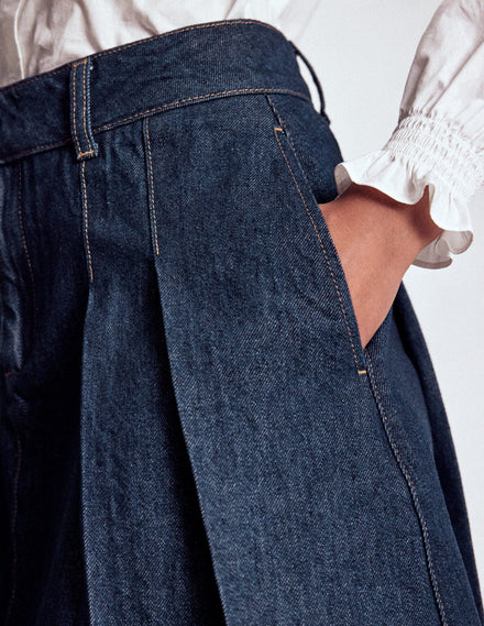 Pleated Denim Skirt-Indigo