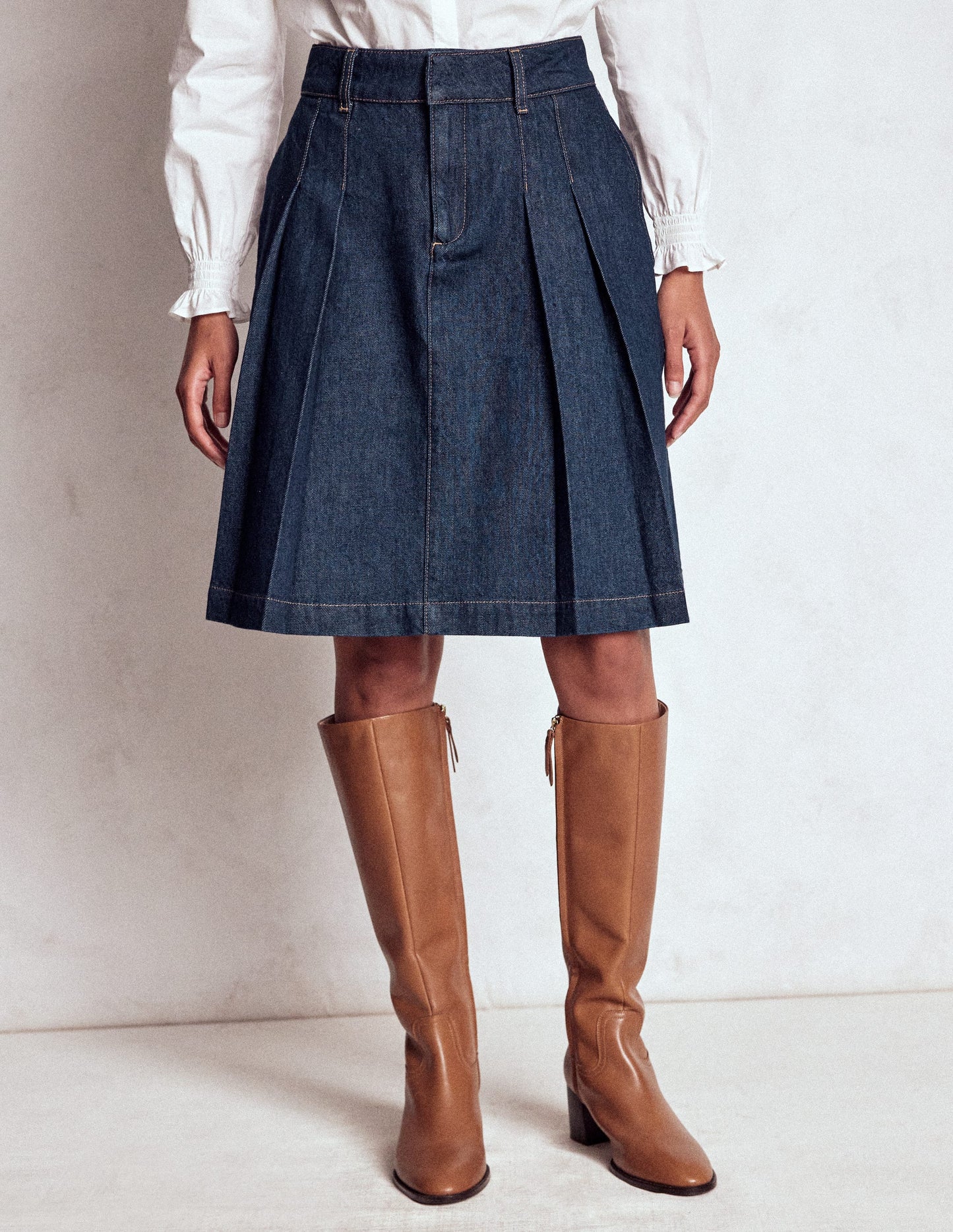 Pleated Denim Skirt-Indigo