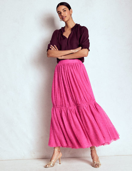 Anna Tulle Midi Skirt-Pink Flocked Spot