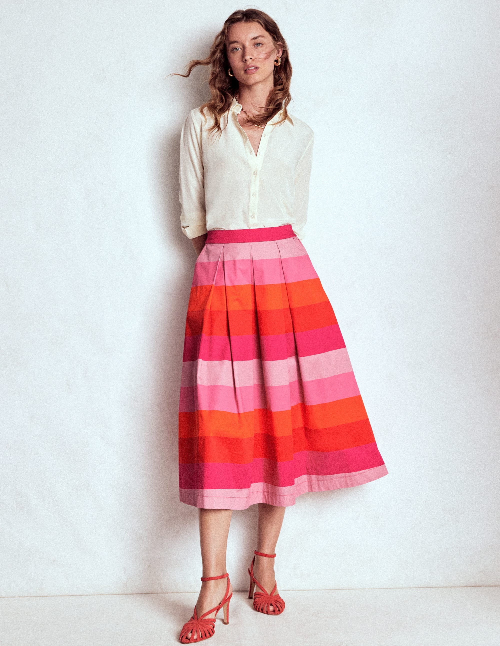 Verity  cotton Sateen Skirt-Pink Tonal Multistripe - Image 1