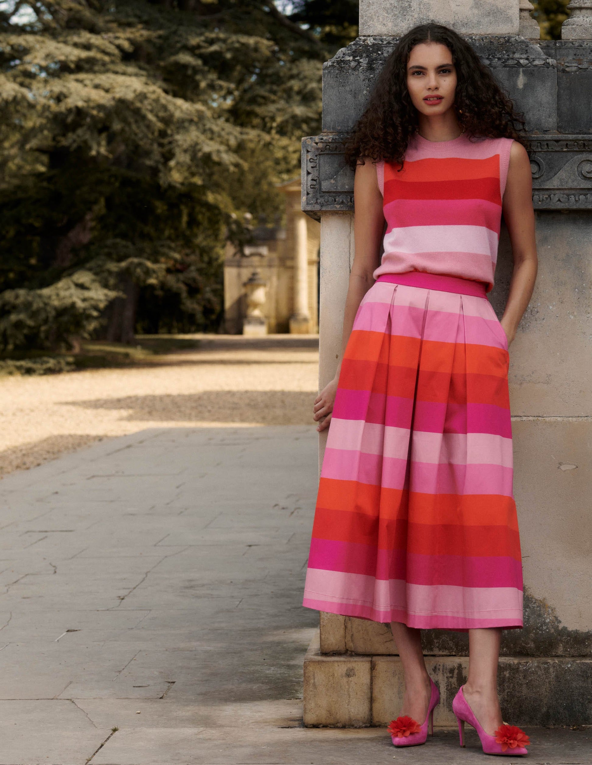 Verity Cotton Midi Skirt-Pink Tonal Multistripe-1