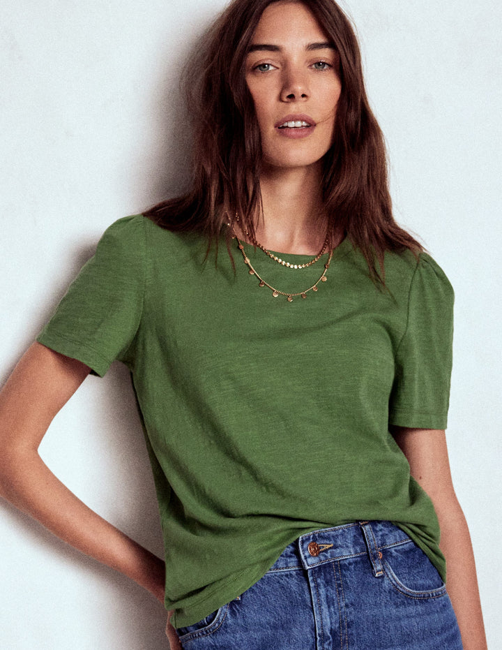 Cotton Puff Sleeve T-Shirt-Safari Green