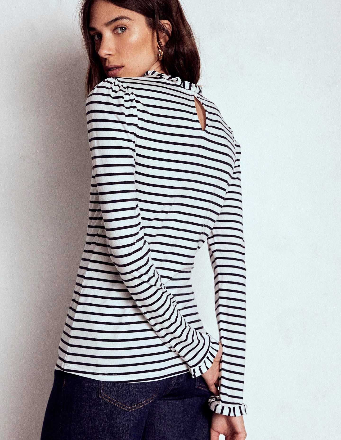 Supersoft Frill Detail Top - Ivory / Navy Stripe | Boden Global