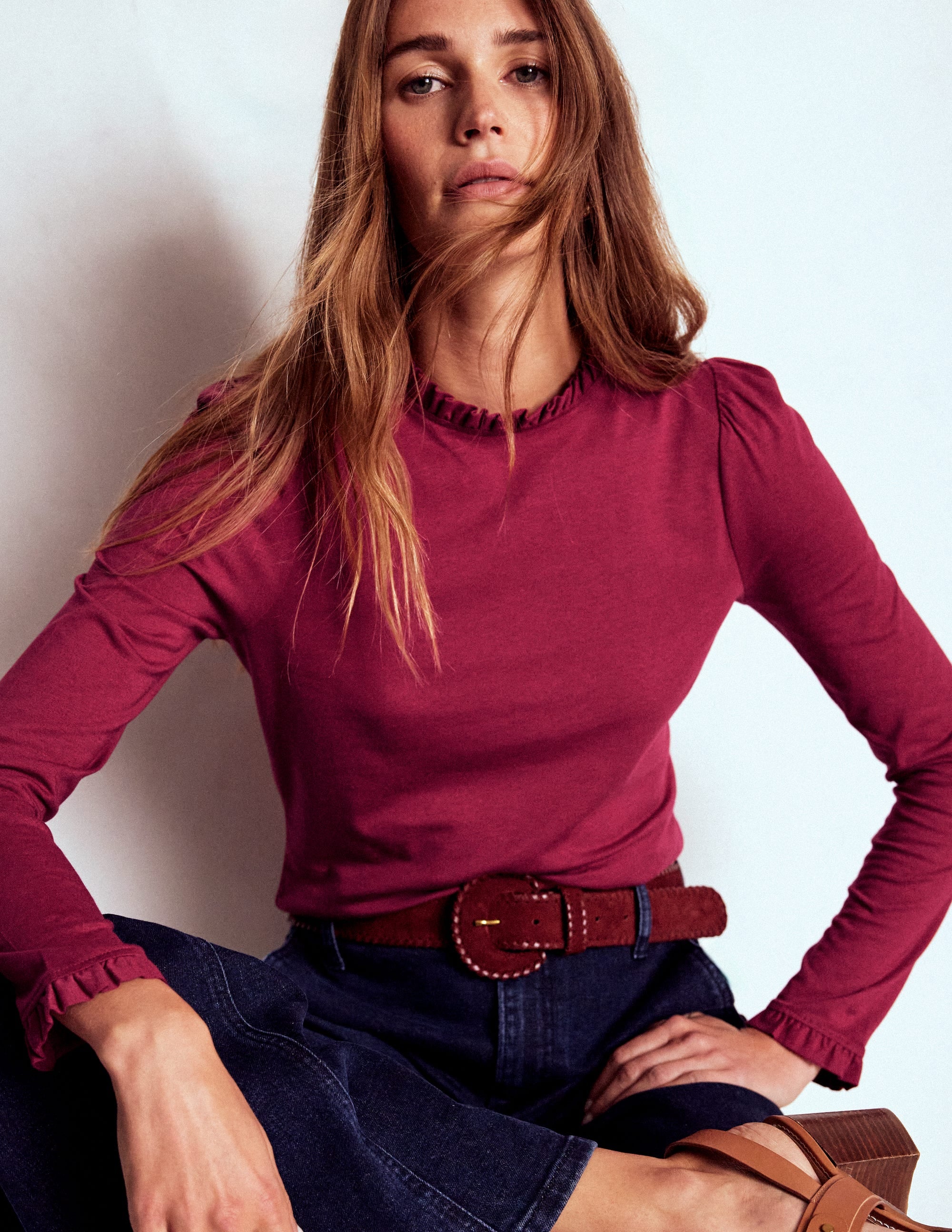 Supersoft Frill Detail Top-Burgundy Red - Image 1