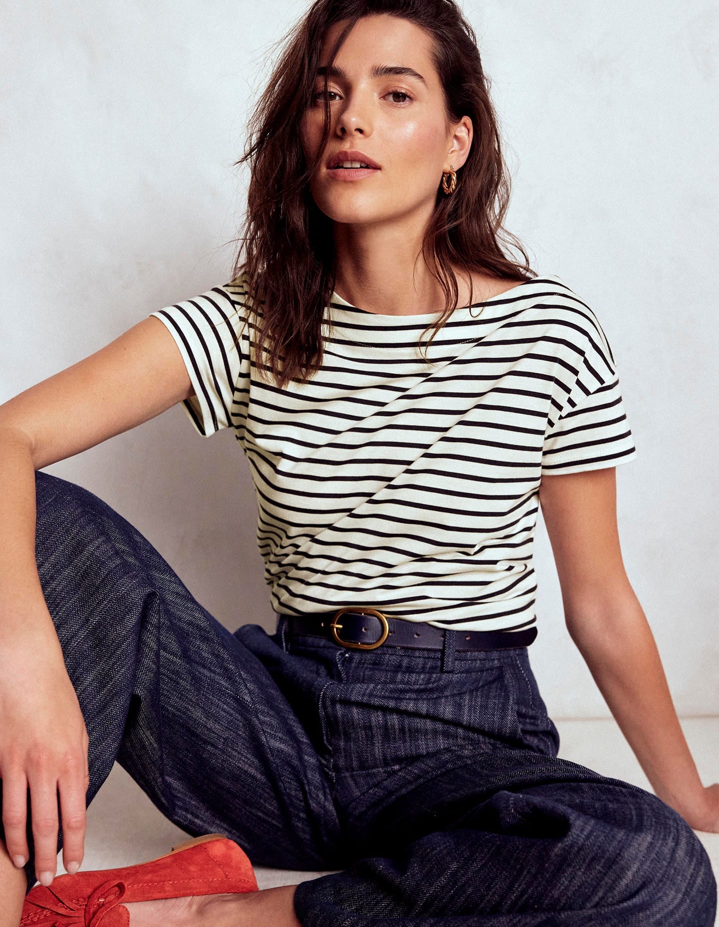 Supersoft Boat Neck T-Shirt-Ivory, Navy Stripe