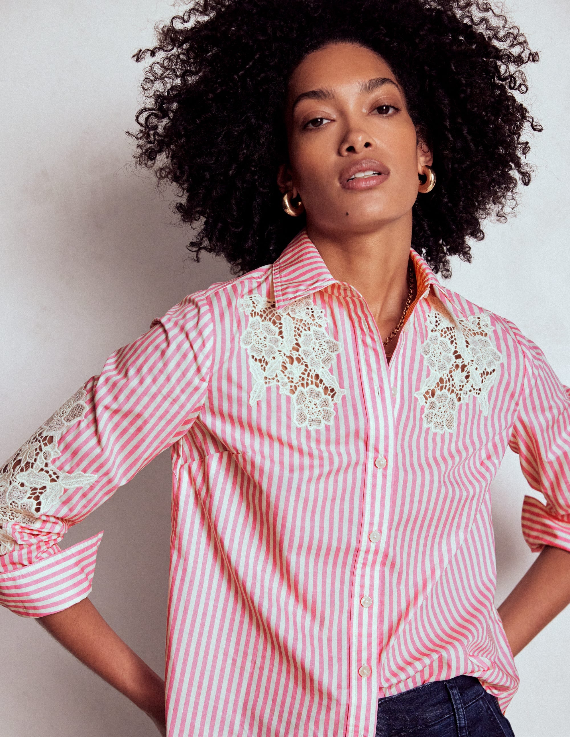 Sienna Interest Cotton Shirt-Pink and Ivory Cutwork Stripe - Image 1