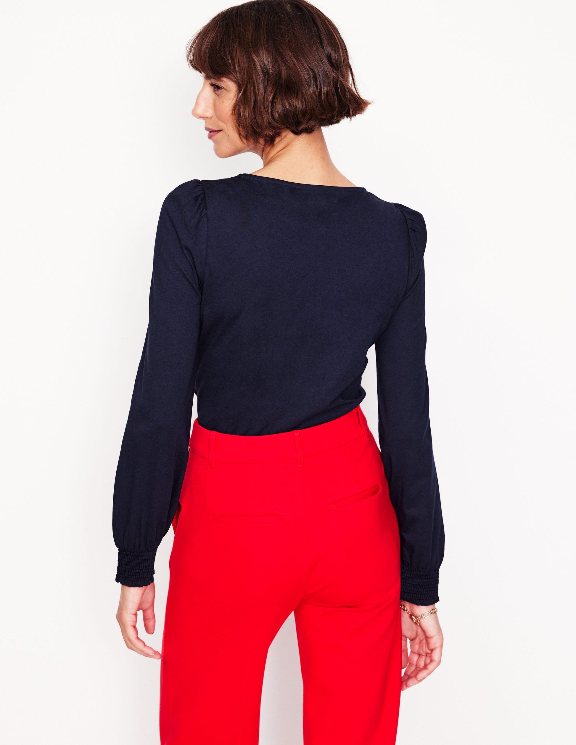 Smocked Cuff Supersoft Top-Navy-3