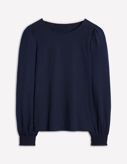 Smocked Cuff Supersoft Top-Navy-5