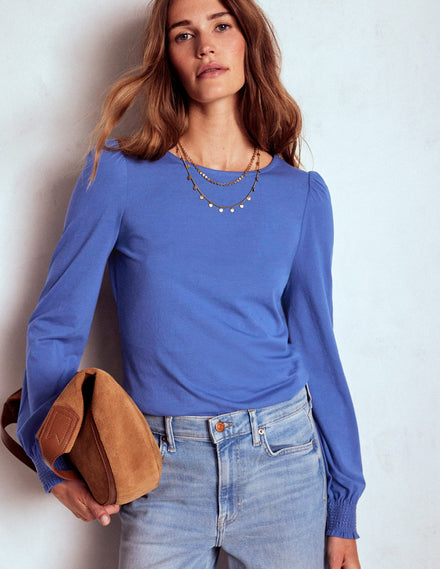 Smocked Cuff Supersoft Top-Denim Blue